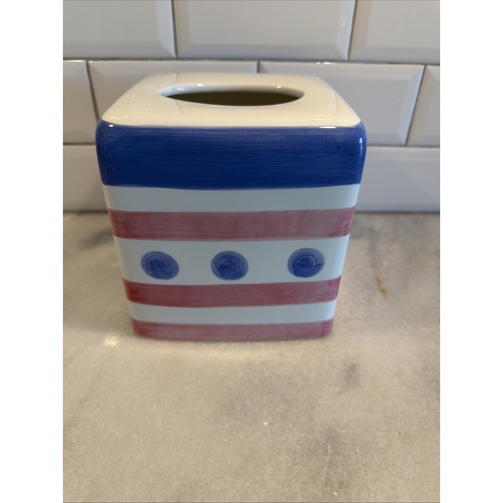 vintage Pale Red White Blue ceramic tissue cover Home Innovations GW995‎